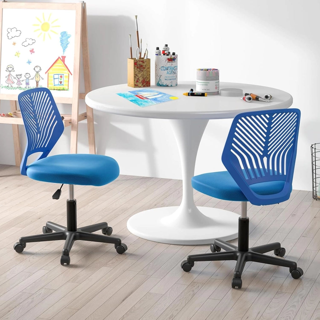 Sedia da scrivania per bambini, graziosa sedia da ufficio con schienale a forma di S e seduta imbottita, sedia da studio girevole senza maniche su ruote, per ragazzi e ragazze (blu)