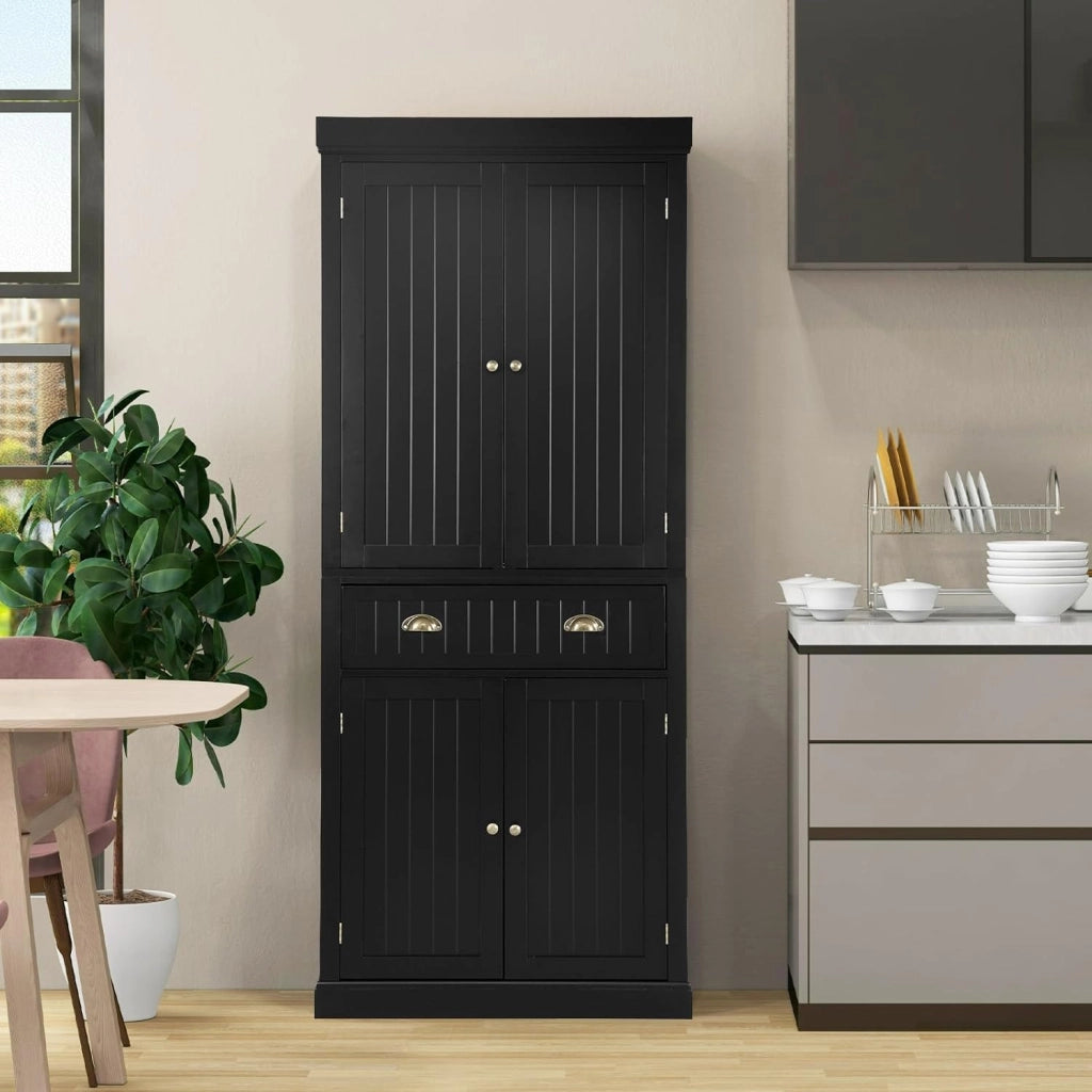 Credenza Alta da Cucina 183,5 cm, Armadio Alto a Buffet in Legno, Mobile Cucina Dispensa con Ripiani Regolabili e Cassetto, per Soggiorno, Sala da Pranzo, 76 x 40 x 183 cm (Nero)