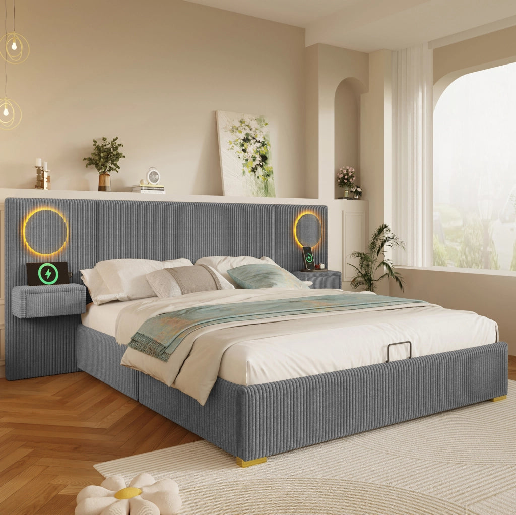 Letto imbottito 180 x 200 cm in velluto grigio con LED, USB e vano contenitore