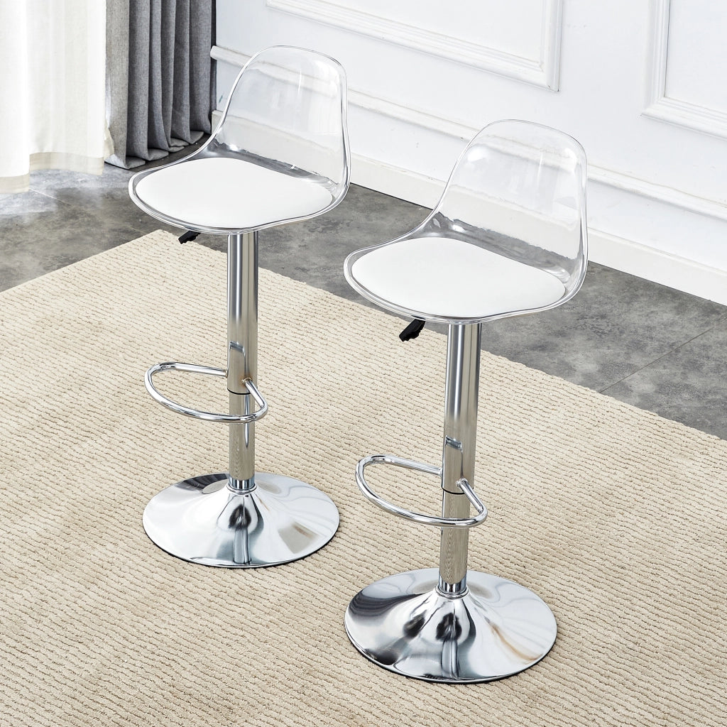 Sgabello da bar regolabile set da 2 con schienale ergonomico trasparente, seduta girevole e base in metallo bianco argento