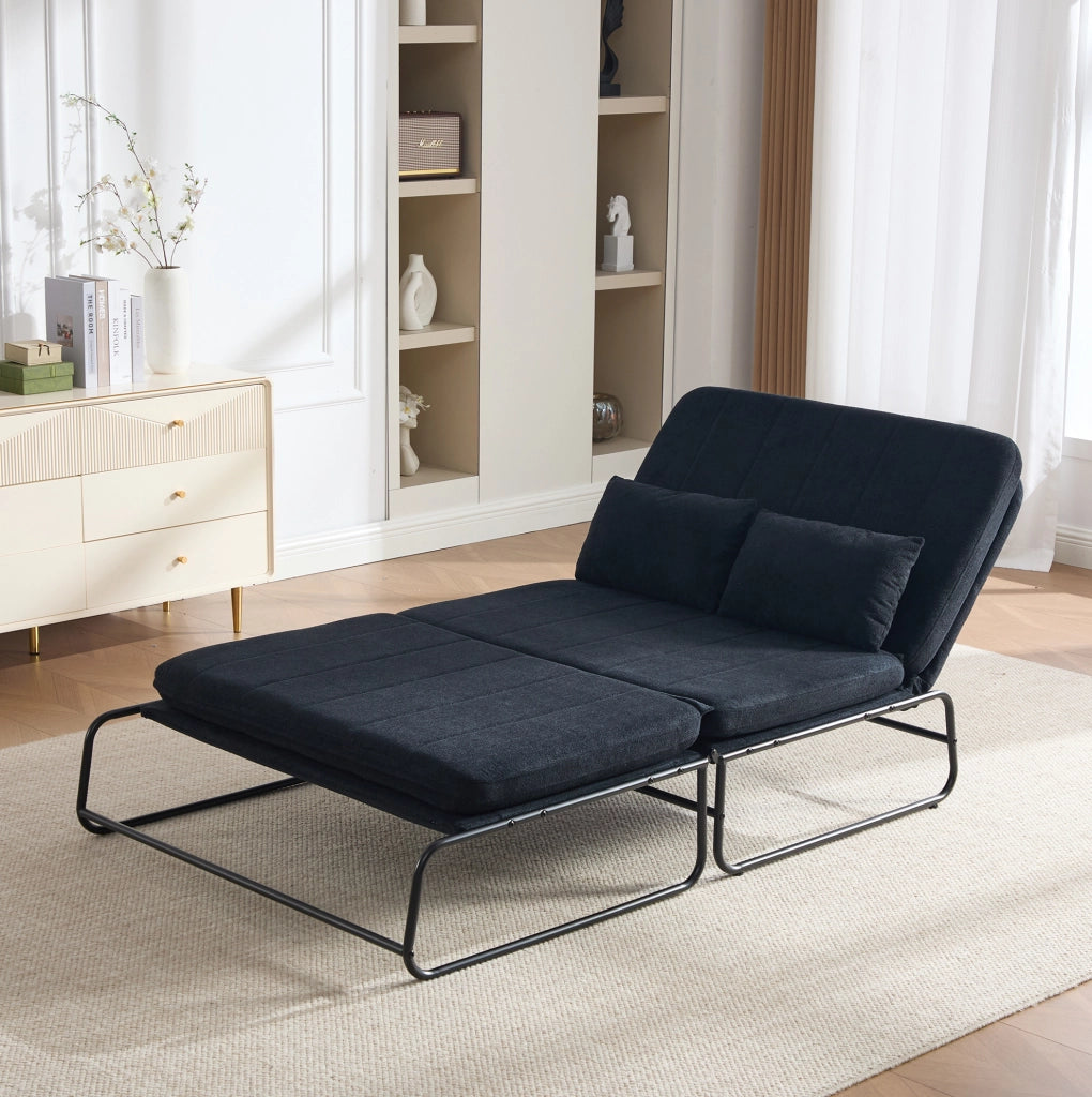 Divano letto 2 posti 104x85x92 cm nero in ciniglia, metallo e tasche laterali