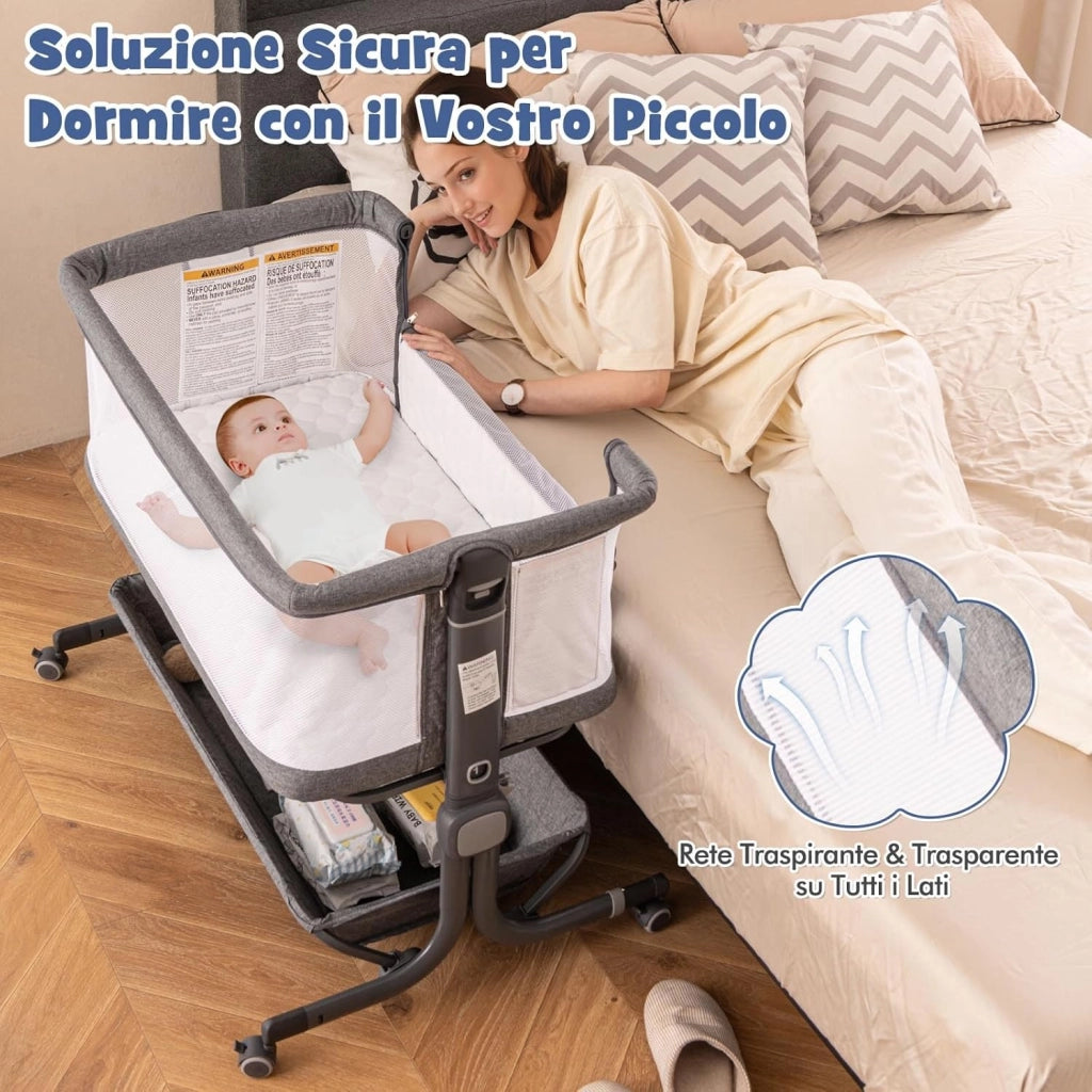 Culla da Affiancare per Neonati, Culla per Bambini con Altezza Regolabile a 6 Livelli, con Mensola Portaoggetti, Materasso e Borsa da Trasporto, per Bambini 0-6 Mesi (Grigio Scuro)