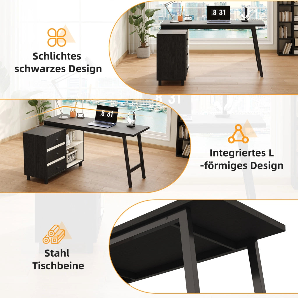 Scrivania angolare 150x100x76 cm con 3 cassetti e ripiani, nero e bianco