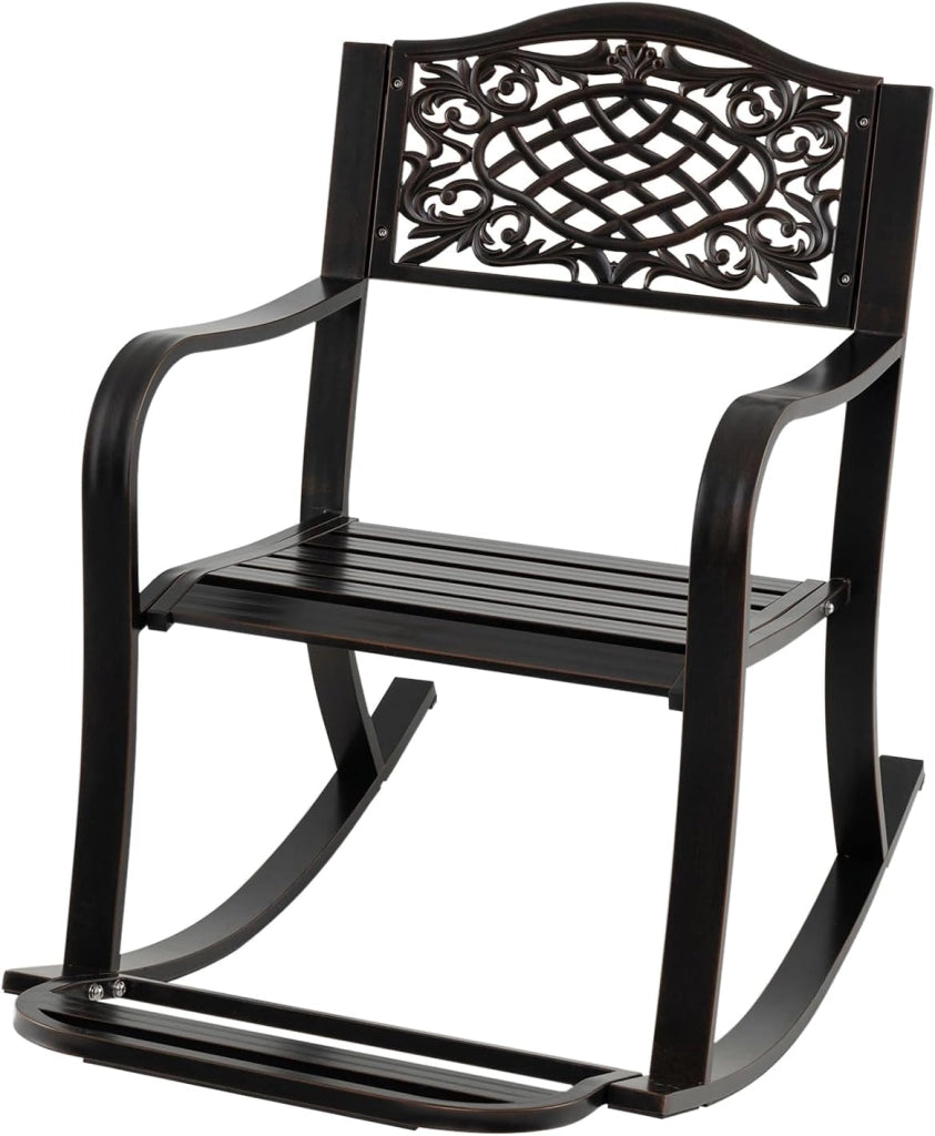 Sedia a dondolo in alluminio pressofuso, sedia a dondolo da giardino con bilanciamento morbido, poltrona da patio con poggiapiedi, schienale alto, carico 150 kg, 91 x 62 x 86 cm