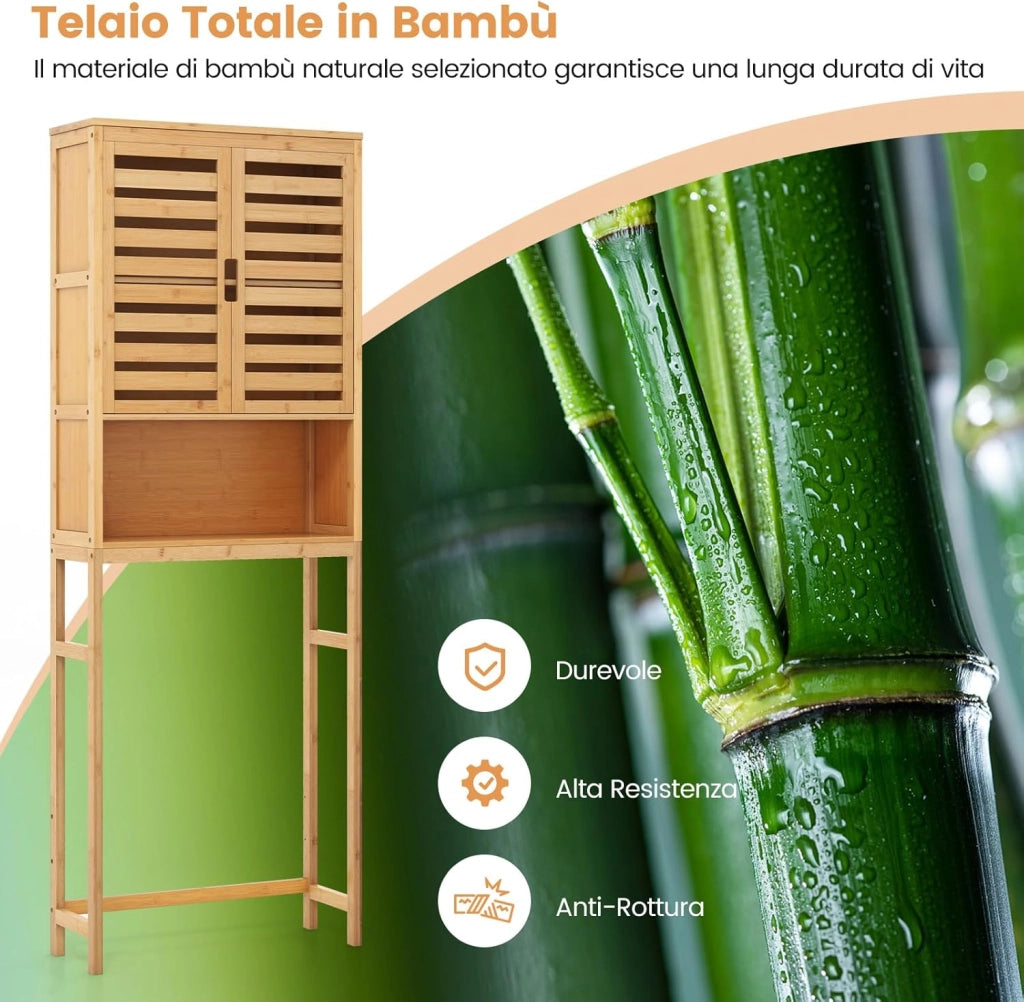 Scaffale Bagno in Bambù 170cm sopra WC, Mobile Bagno Salvaspazio con 2 Porte e Mensola Aoerta, Organizzatore sopra Gabinetto per Lavanderia, Naturale