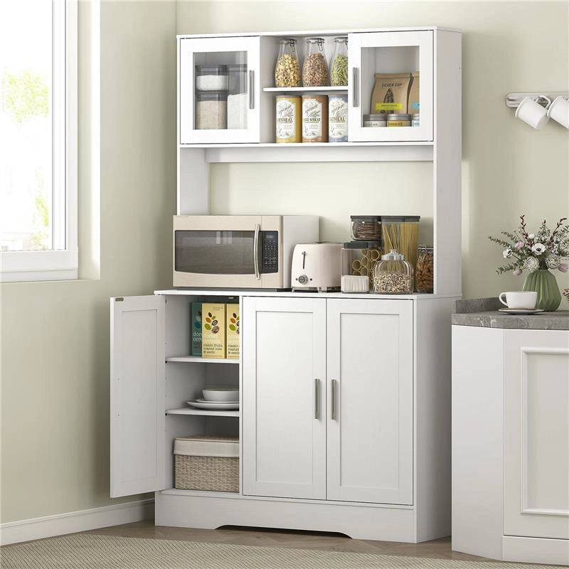 MOBILE DISPENSA CON 4 ARMADIETTI, 2 RIPIANI APERTI E PIANO DA LAVORO, IN LEGNO E VETRO, 108X35X180 CM, BIANCO