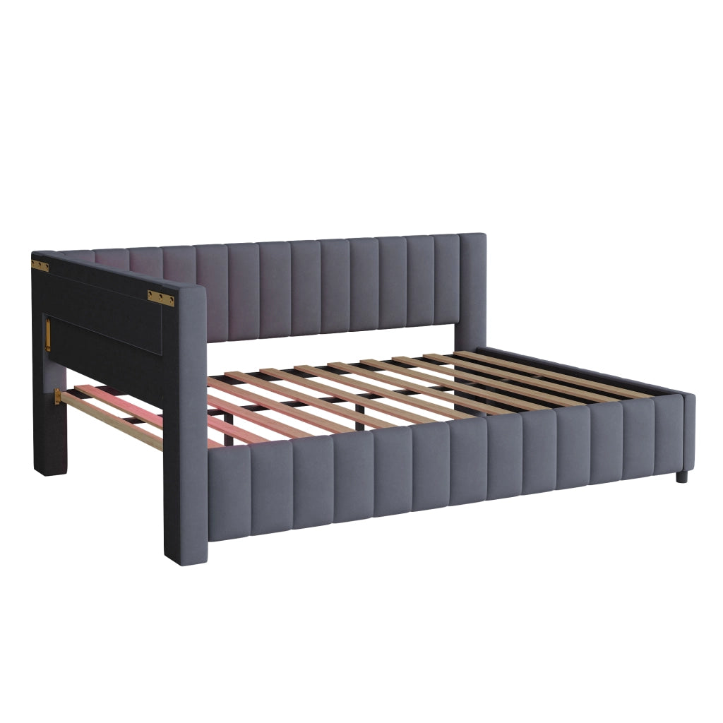 OKWISH Letto a Divano 140×200 cm, Letto Matrimoniale con LED Regolabile, USB e Schienale e Testiera, senza Materasso, Grigio