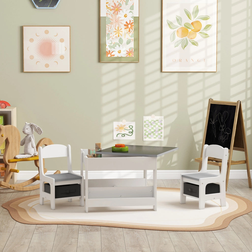 Set Tavolino per Bambini e 2 Sedie. Piano del Tavolo 3 in 1 con Lavagna e Contenitori. Grigio