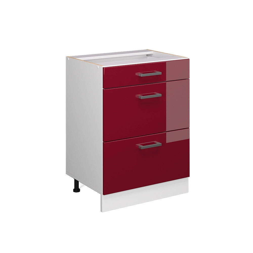 Mobiletto base per cucina R-Line Rosso lucido/Bianco 60 cm con cassetti, senza piano di lavoro Vicco