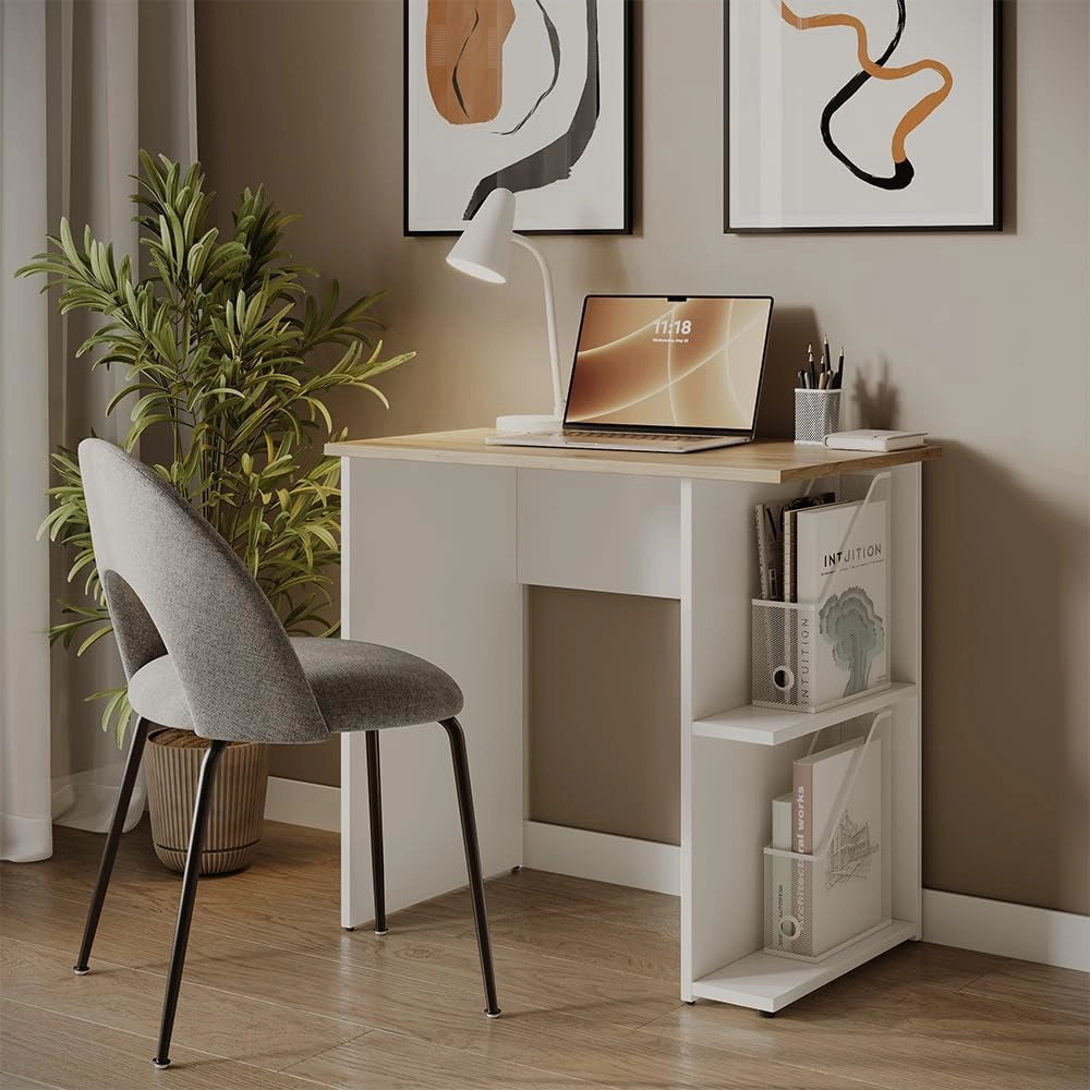 Scrivania con ripiani Simple, Bianco/Artisan, 80 x 50 cm, con due ripiani per una conservazione organizzata