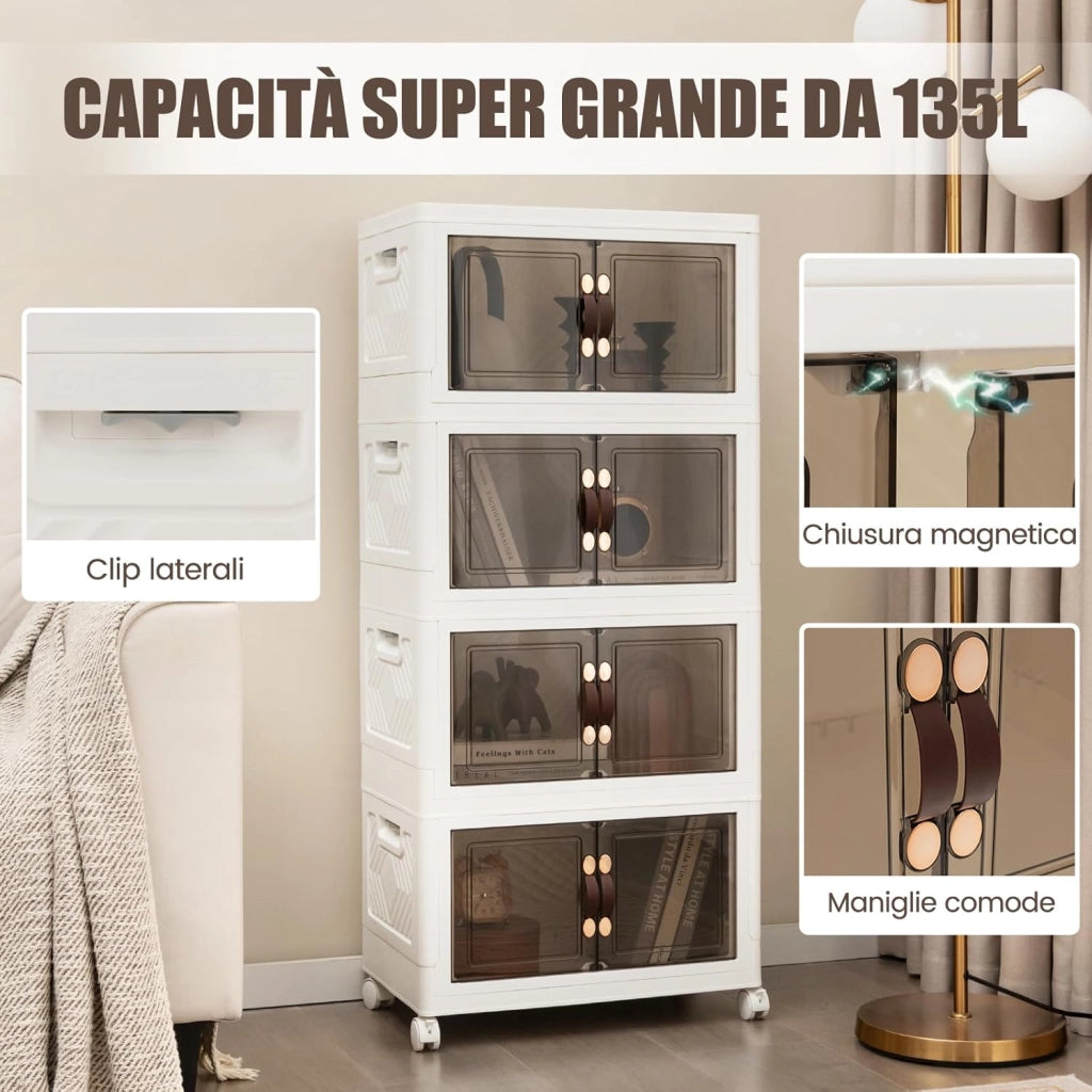 Scatola Portaoggetti, Contenitori in Plastica con Coperchio e 4 Ruote, Contenitore Pieghevole Impilabile per Soggiorno, Cucina e Camera da Letto (L-Set di 4)