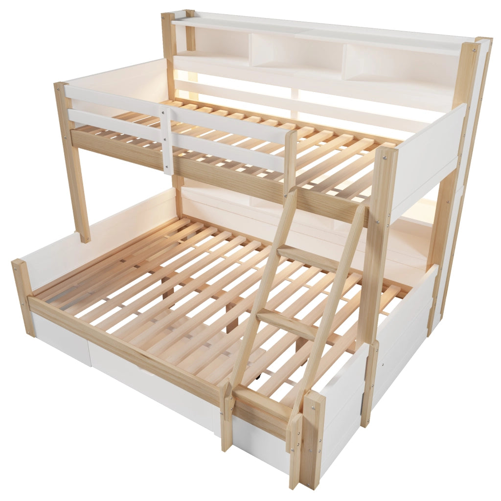 Letto a Castello 90x200 cm e 140x200 cm; LED; Scala; Cassetto e Mensole - Bianco Naturale