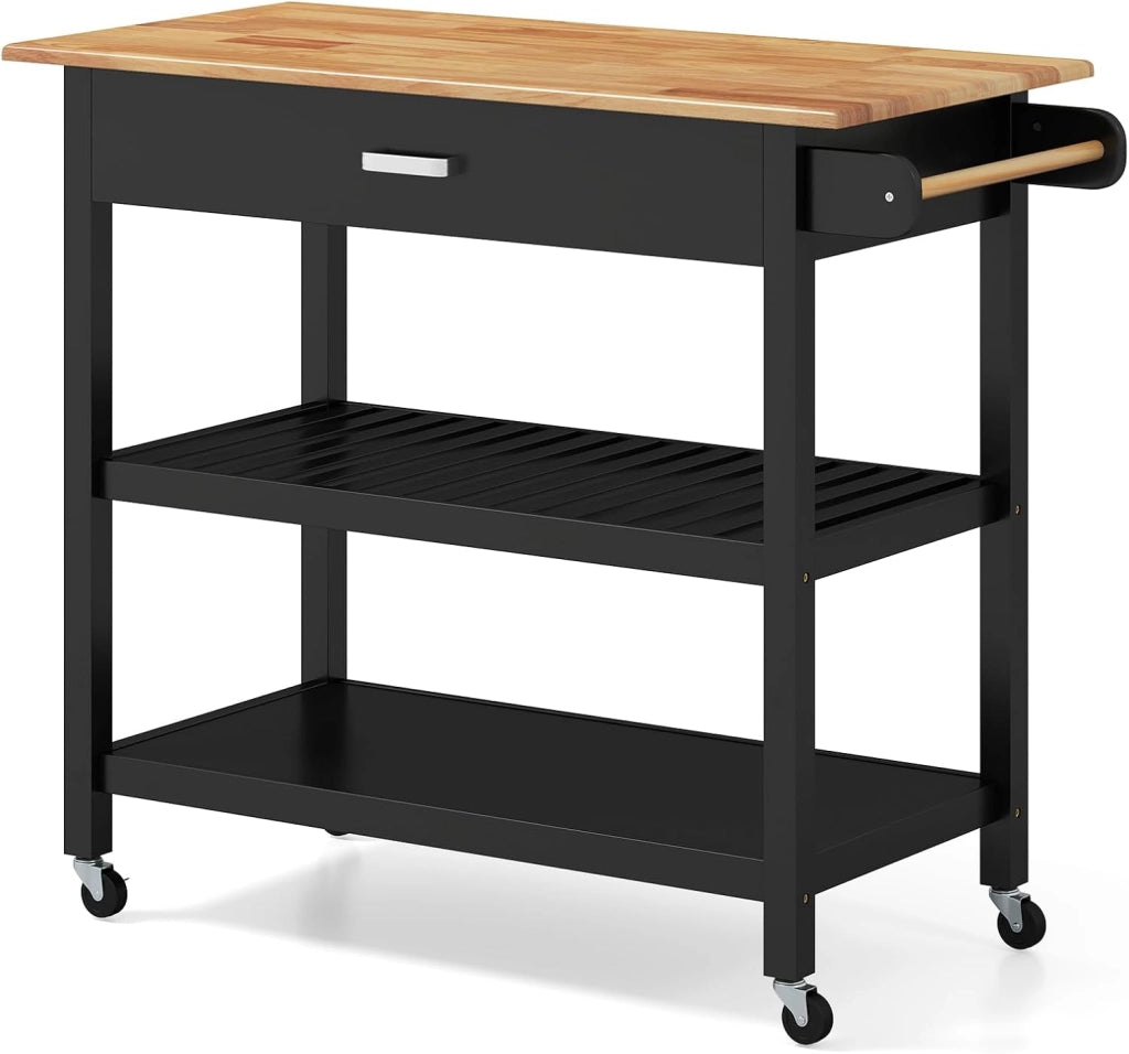 Desserte Cucina, Porta Asciugamani, Piano di Lavoro in Legno di Eva, Carrello con ruote, 1 Cassetto, 2 Ripiani Aperti, Cornice in Legno di Pino, Carrello Cucina per Sala da Pranzo, Nero