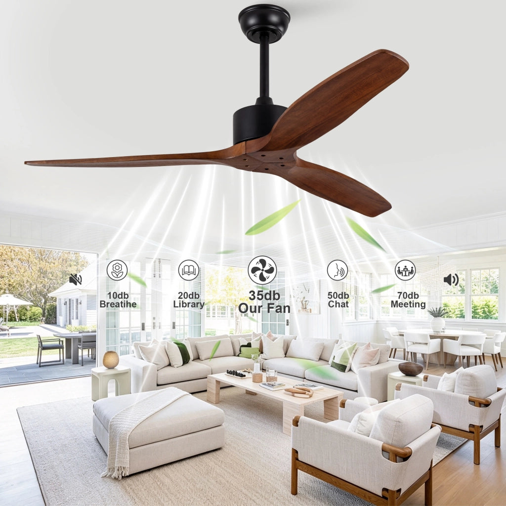 Ventilatore da soffitto 52 pollici senza illuminazione con telecomando, 3 pale legno massello, motore DC reversibile silenzioso, design moderno