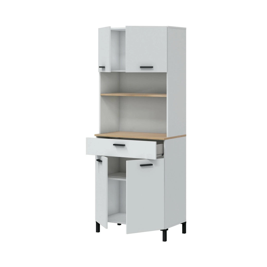Credenza Florent, Buffet da soggiorno, Madia da salotto, Dispensa da cucina, 72x40 h185 cm, Bianco e Rovere
