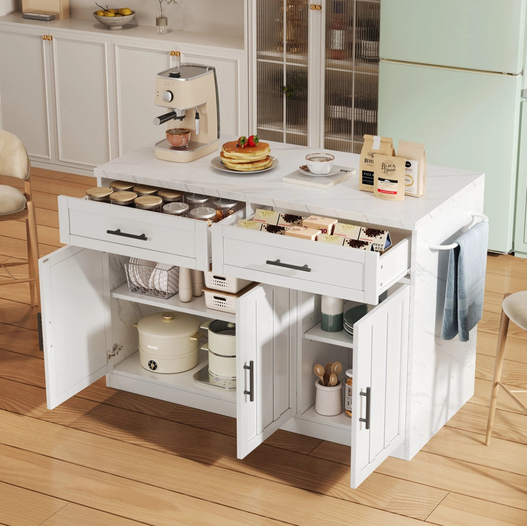 Isola da cucina 120x60x91 cm con zona bar; ripiani regolabili in MDF bianco