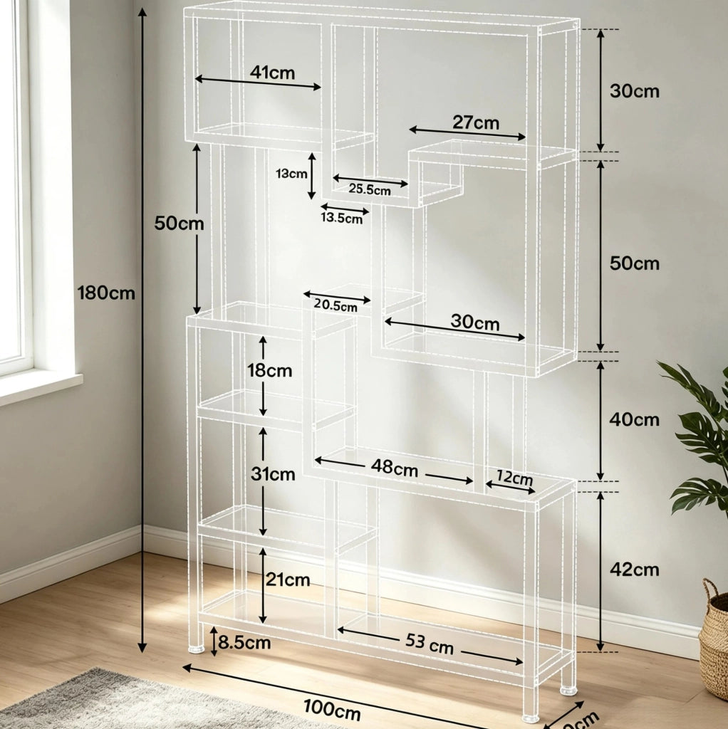 Libreria ULEVR 100x30x180 cm a 7 ripiani aperti, struttura in metallo nero e pannelli marrone rustico