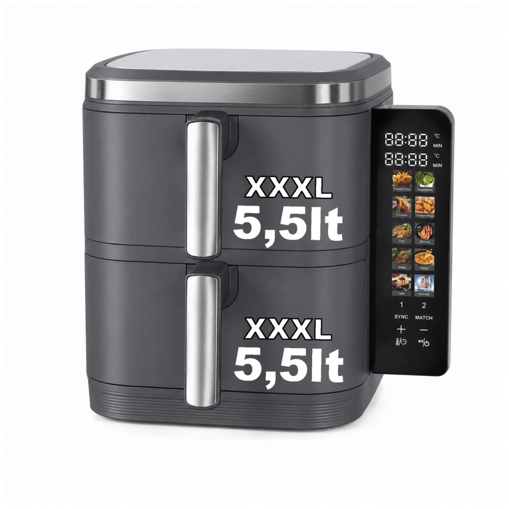 Friggitrice ad Aria 11 Litri Doppio Cestello 2800W, 5,5+5,5L con Separatori, 4 Piani di Cottura, Display LED Touch Richiudibile, 12 Programmi, Doppia Cottura Indipendente, Timer, 60-200°C