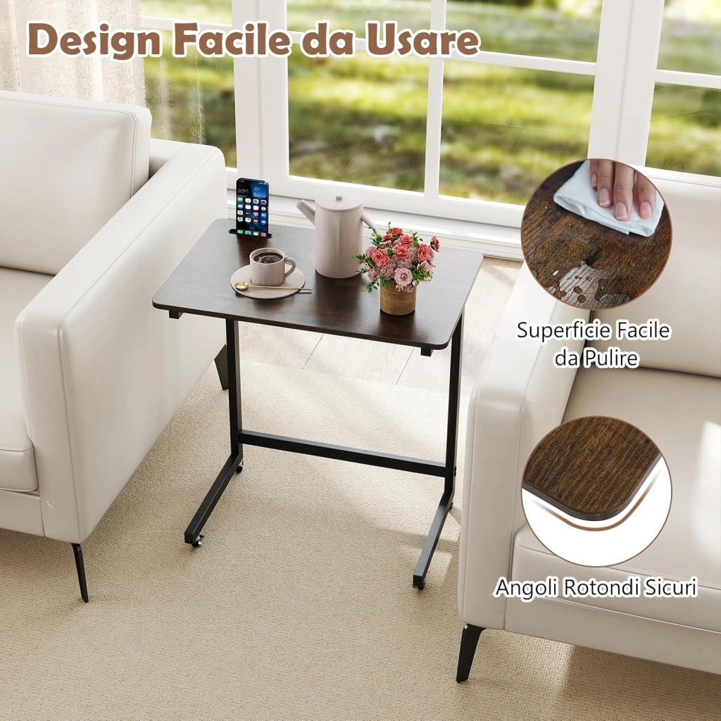 Tavolino da Divano e Letto con 4 Ruote, Tavolino a Forma di C con 2 Ruote Bloccabili e Supporto Integrato per Telefono,Vassoio Salvaspazio e Versatile per Salotto e Camera da Letto