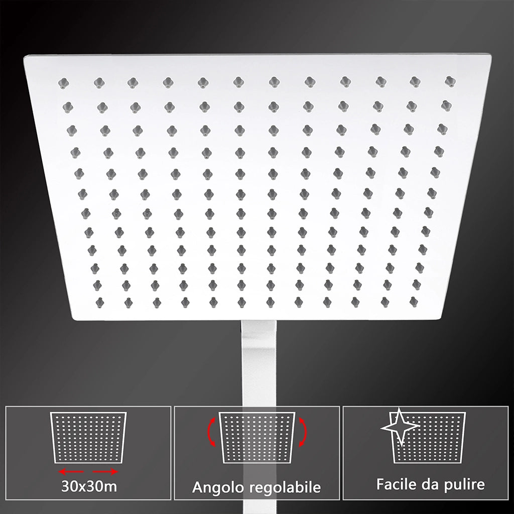Grande soffione doccia 30x30cm con miscelatore termostatico e doccetta a 3 modi di getti, cromo