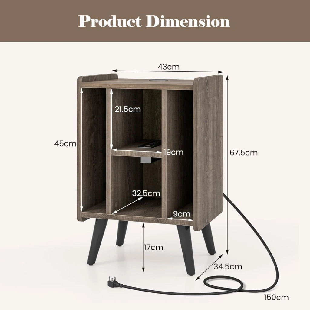 Tavolino ausiliario per giradischi con stazione di ricarica, comodino con scomparti in vinile, scaffale per display a dischi per soggiorno, camera da letto (grigio rovere)