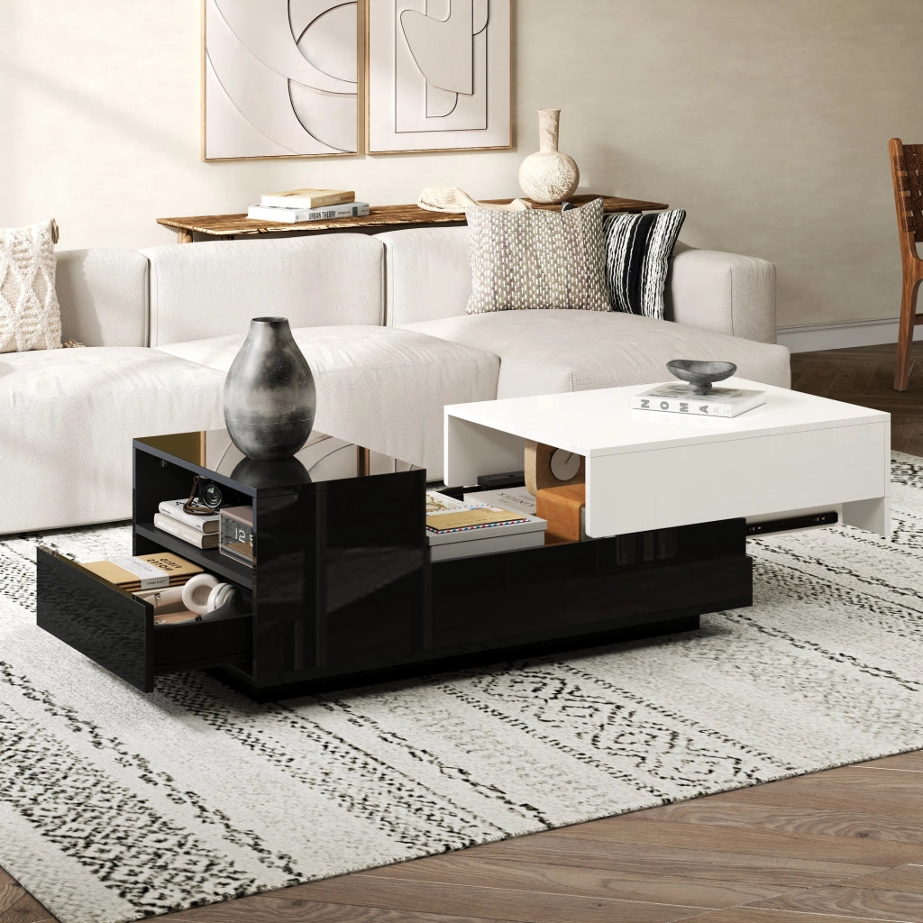 Tavolino da caffè con 2 cassetti e piano alzabile; per soggiorno; 100×50×38 cm; bianco nero