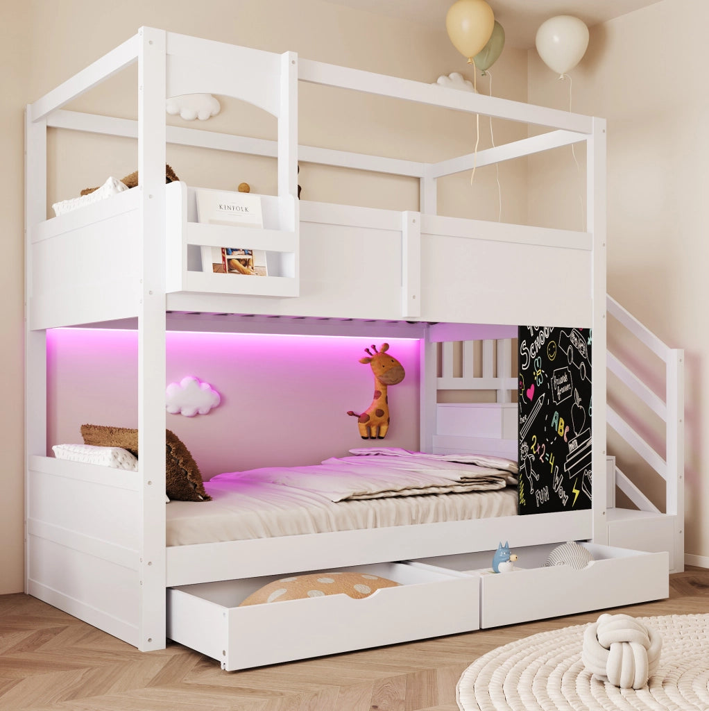 Letto a castello per bambini 90x200 cm in legno; design casetta; bianco; con 2 cassetti e scala contenitore