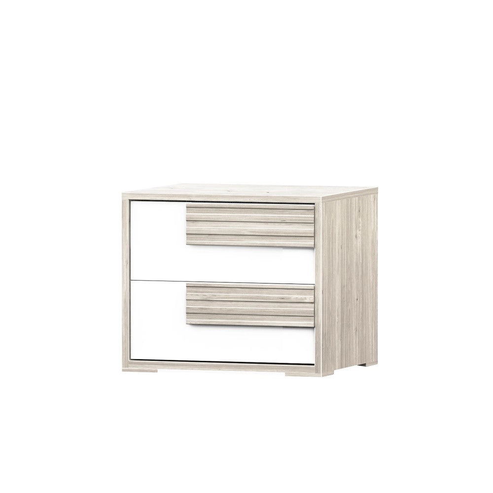 Comodino Selva 2 Cassetti rovere sbiancato e Bianco Lucido – Luminosità e design