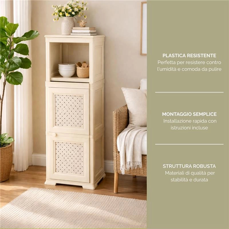 MOBILE MULTIUSO 3 MODULI ANGORA 40X43X125 CM CON ANTA TRAFORATA E VANI A GIORNO – MOBILE CONTENITORE VERTICALE PER ORGANIZZAZIONE CASA