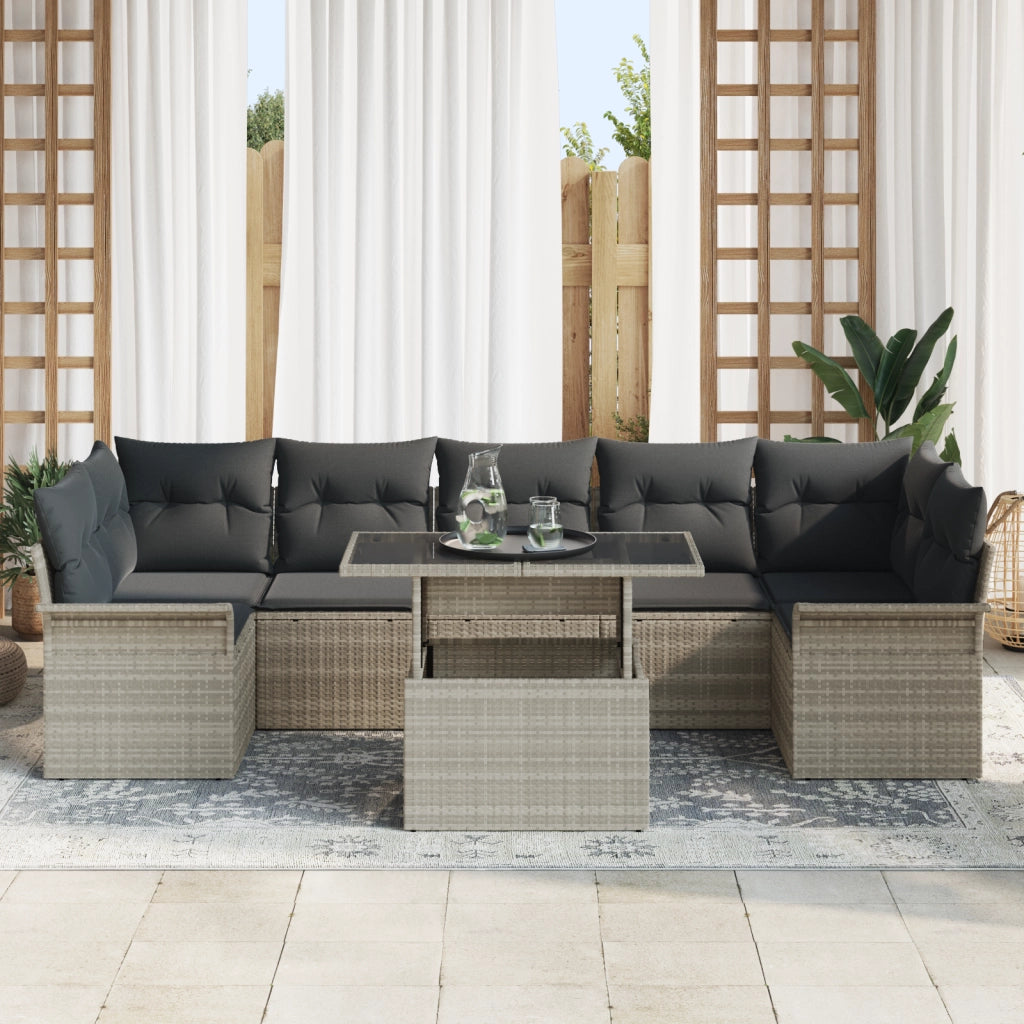 Set Divano da Giardino 8 Pezzi con Cuscini Rattan Poliestere Grigio Chiaro