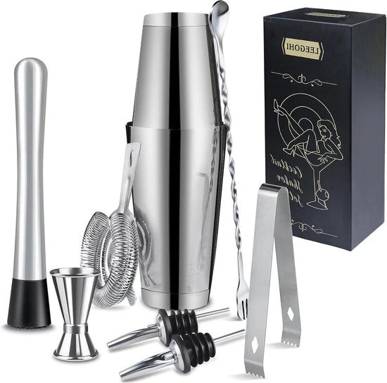 Set di Shaker per Cocktail in Acciaio Inossidabile 700-600ml | Set di Cocktail con Mixer | Set di Regalo per Barista - 8 Pezzi, Calcolatore di Quantità