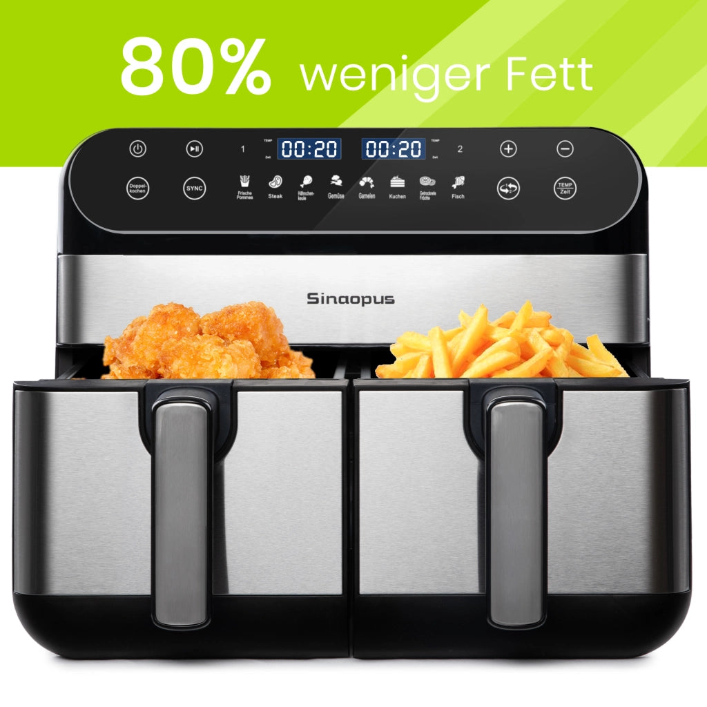 Friggitrice ad aria 10 l a doppio cestello indipendente 2400 W con display LED touch e 8 programmi colore nero