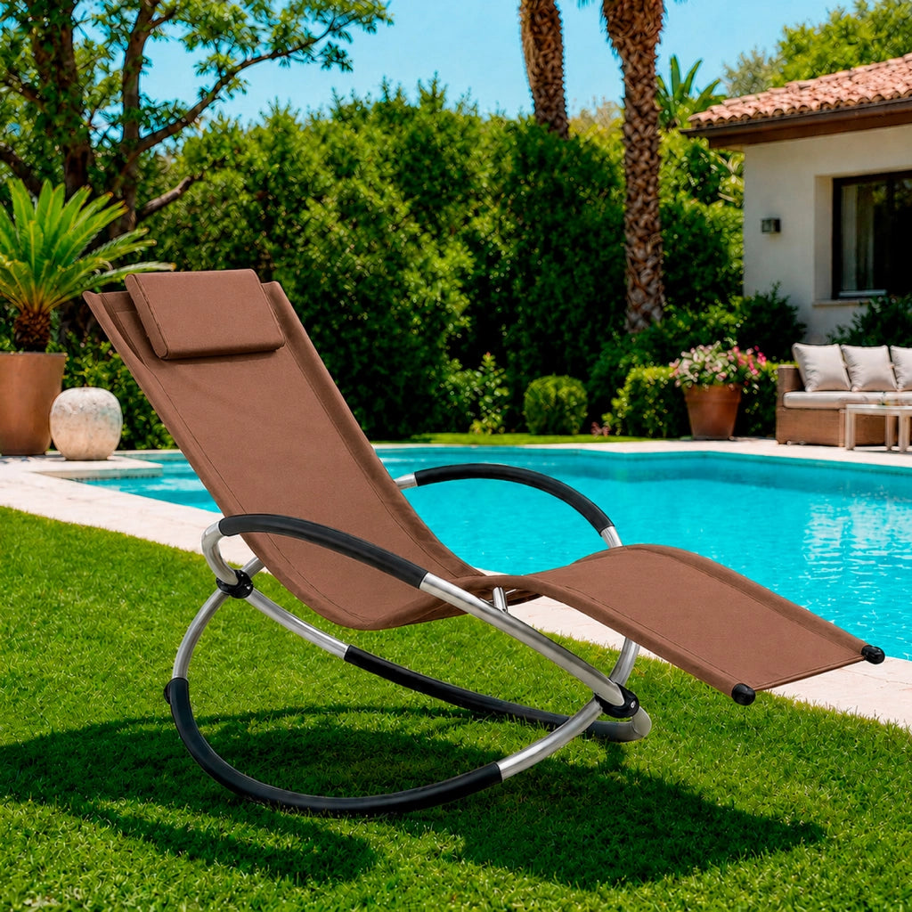 Poltrona Dondolo Reclinabile Da Giardino Con Poggiatesta Removibile In Textilene Traspirante Telaio Metallo Relax Outdoor 73 x 150 x 93 Cm Marrone