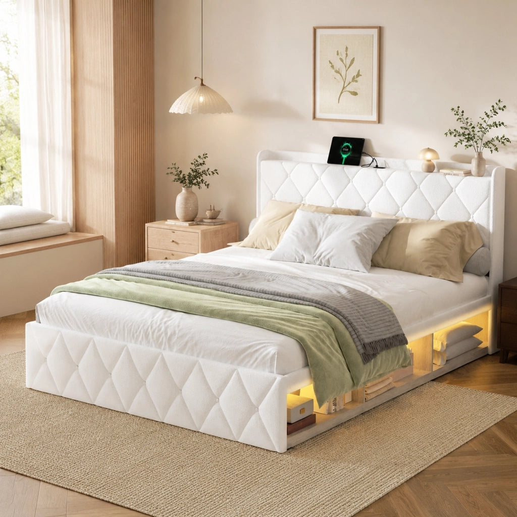 Letto matrimoniale 160x200 cm in teddy bianco con LED e USB