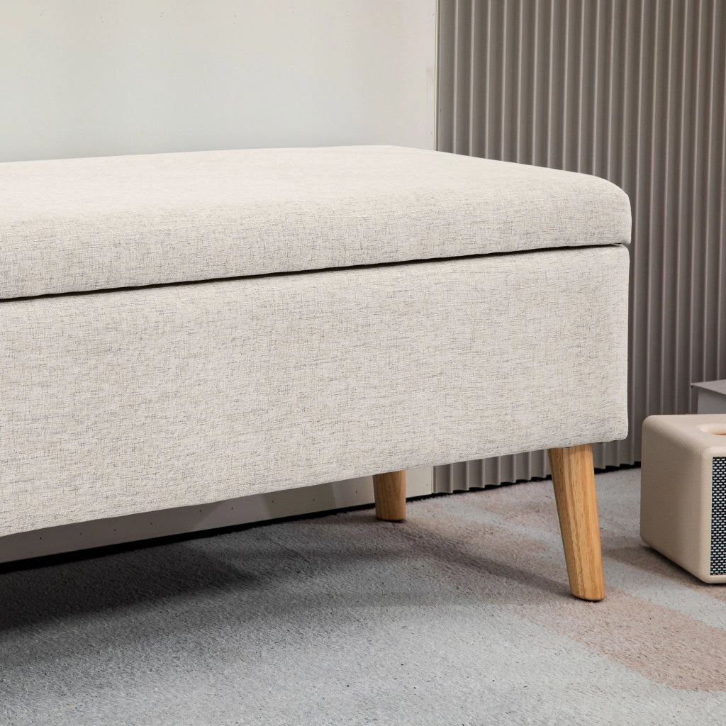 Panca contenitore imbottita scandinava con seduta ribaltabile e vano portaoggetti, in tessuto effetto lino beige