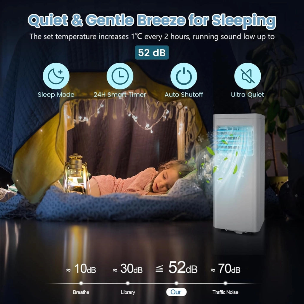 Condizionatore Portatile 9000 BTU, 960W, 4 Modalità - Ventilazione & Deumidificazione & Raffreddamento & Sonno, Controllo con Display a LED e Telecomando, Timer 24 Ore