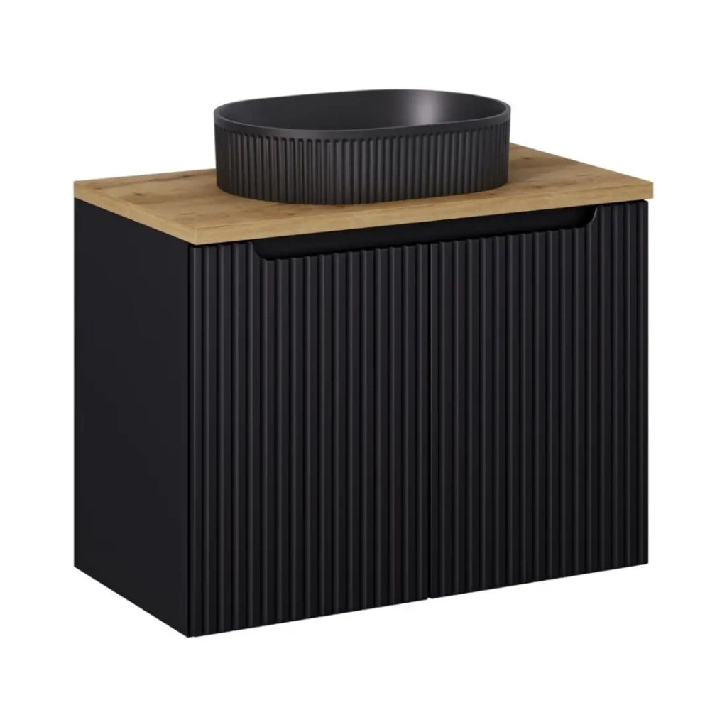 Insieme VANO 80cm: mobile sottolavabo con ante + piano per lavabo effetto rovere chiaro + lavabo da appoggio scanalato nero opaco