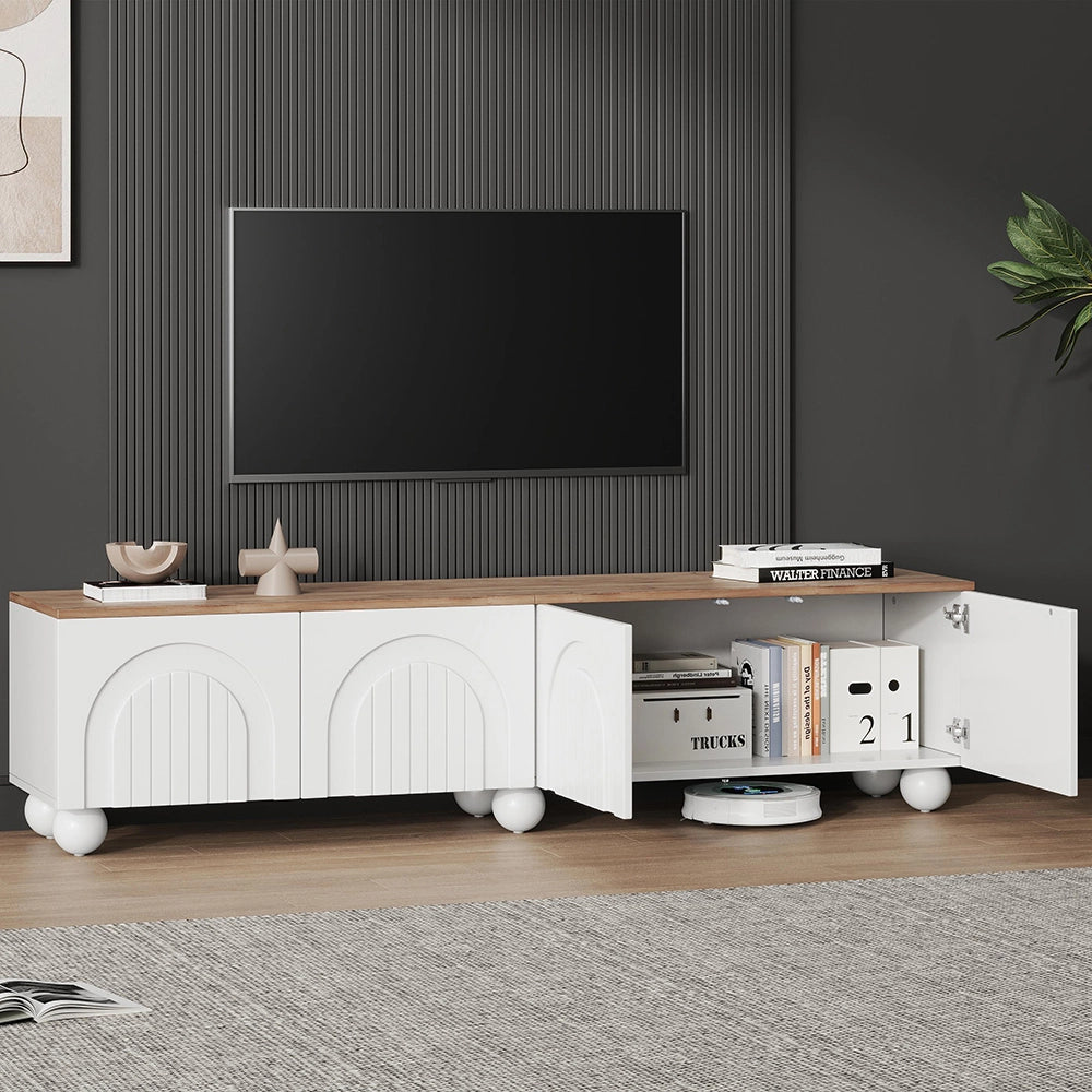 Mobile TV 180x40x45cm - Xylo - 4 Ante, 6 Piedi Sferici, Legno e Bianco, fino a 80"