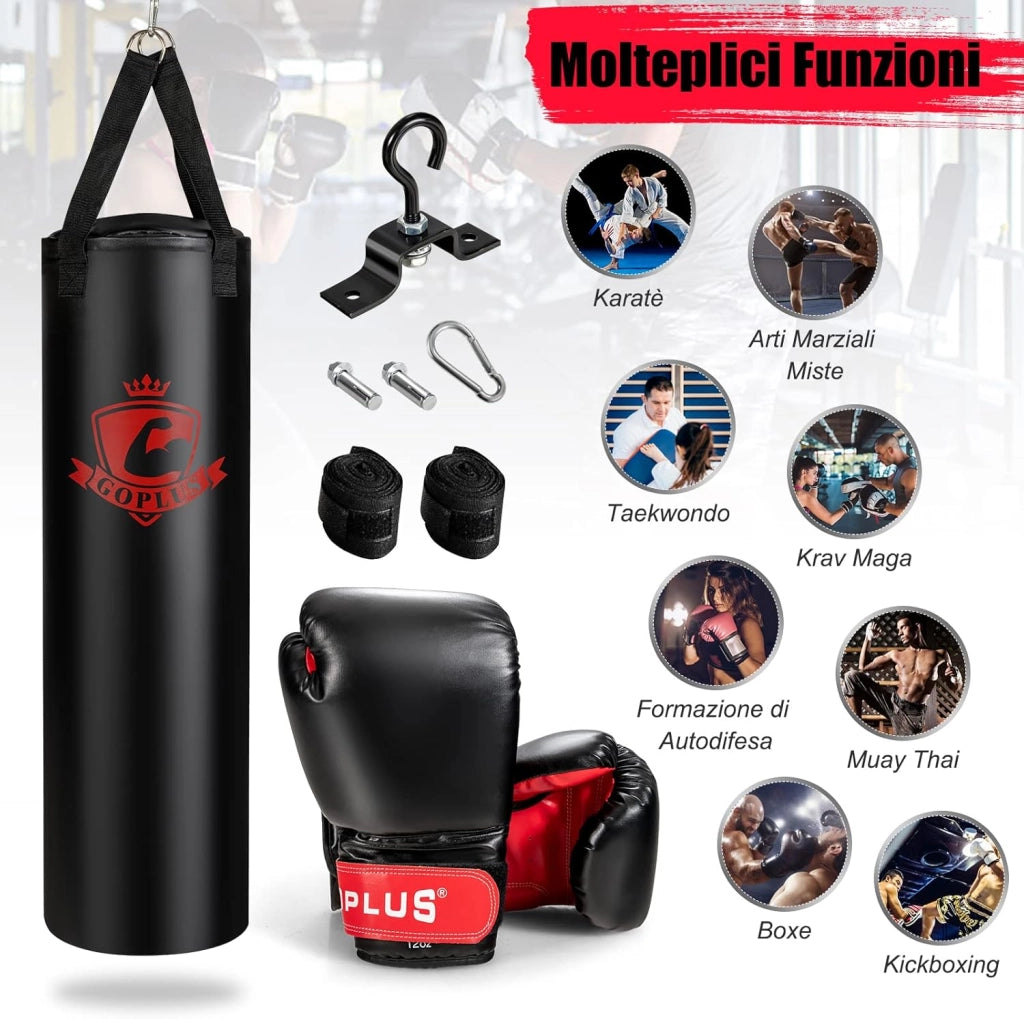 Sacco da Boxe per Adulti 29 kg, Sacco da Boxe Appeso con Guanti, Gancio e Fasce per Mani, Ideale per Muay Thai, Karate, Taekwondo
