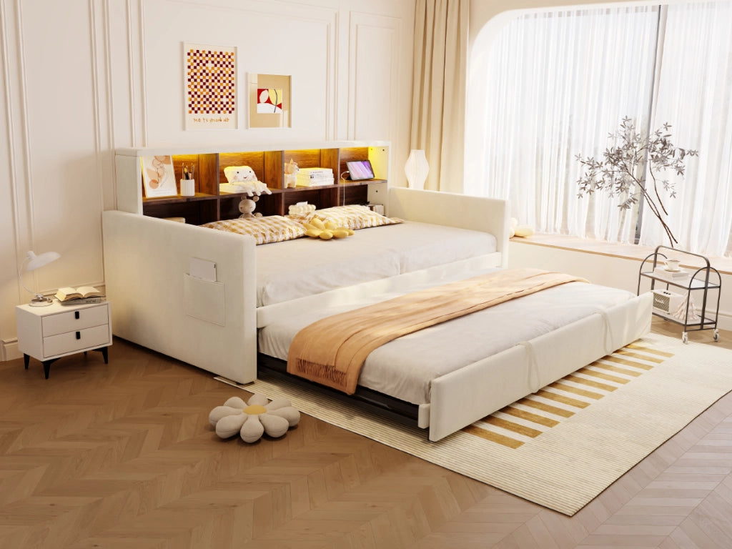 Letto pieghevole imbottito con LED e USB 90x190 cm velluto beige