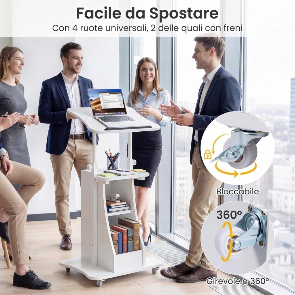 Leggio per Oratori, Podio per Conferenza con Ruote Bloccabile, Altezza Regolabile, Piano Ribaltabile e Armadietto Aperto, Leggio da Pulpito in Legno per Aula, Ufficio e Seminario (Bianco)