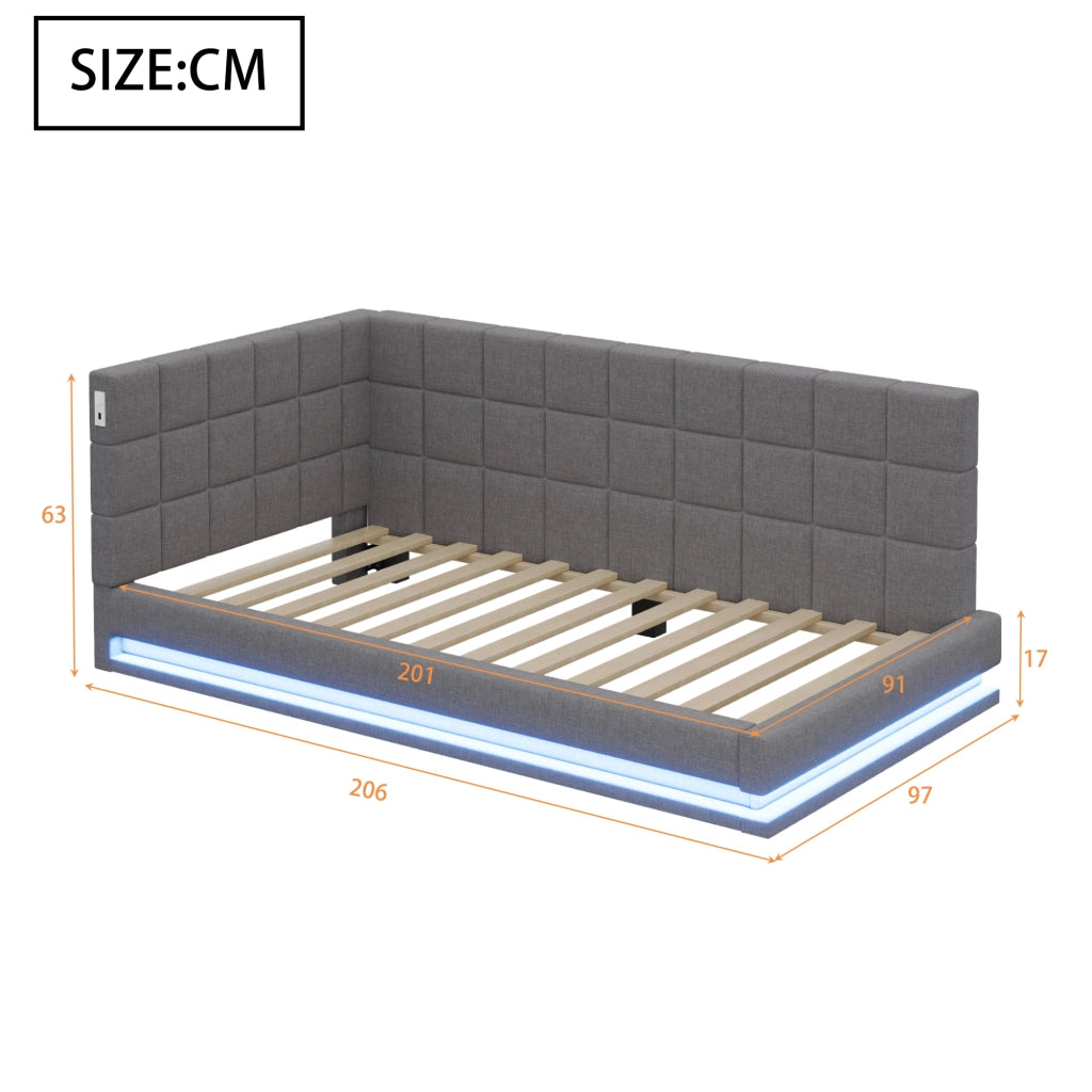 Letto imbottito singolo 90×200 cm con LED; USB e rete; senza materasso; lino; grigio