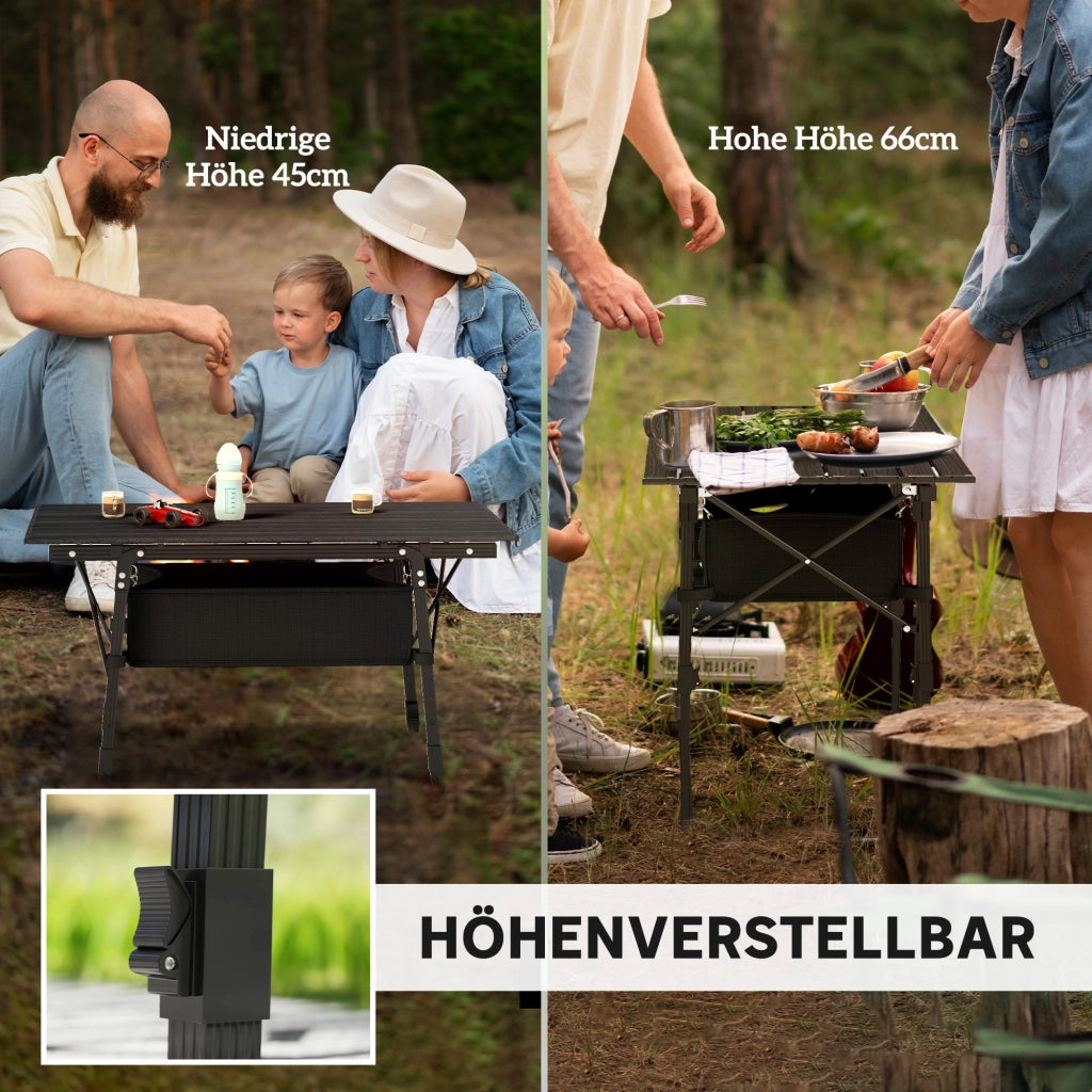 Tavolo da campeggio; tavolo da picnic pieghevole con cesto per riporre; borsa da trasporto; tavolo pieghevole regolabile in altezza; per feste in giardino; campeggio; barbecue; nero in alluminio