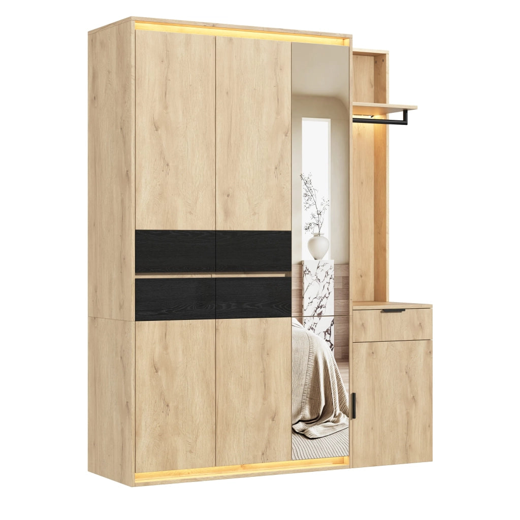 Set guardaroba con specchio e 3 luci LED, 155x47x200 cm, 3 appendini, 5 cassetti, colore antracite-rovere