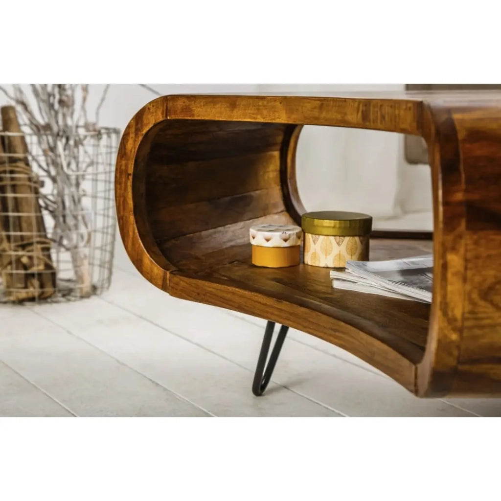 Tavolino basso NERA 90 cm in legno massiccio di Sheesham con nicchia e piedi in metallo nero - stile retro industriale