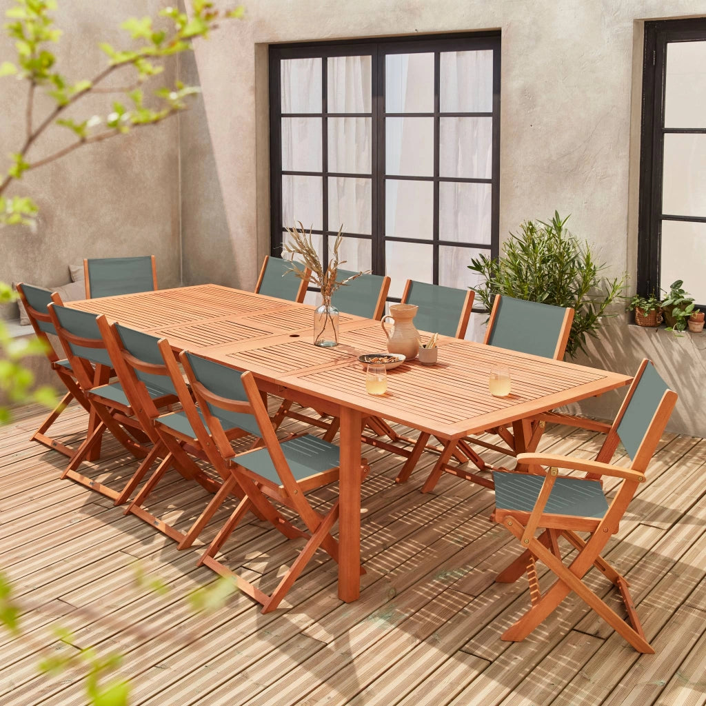 Set tavolo da giardino estensibile in legno con 10 sedie, marrone