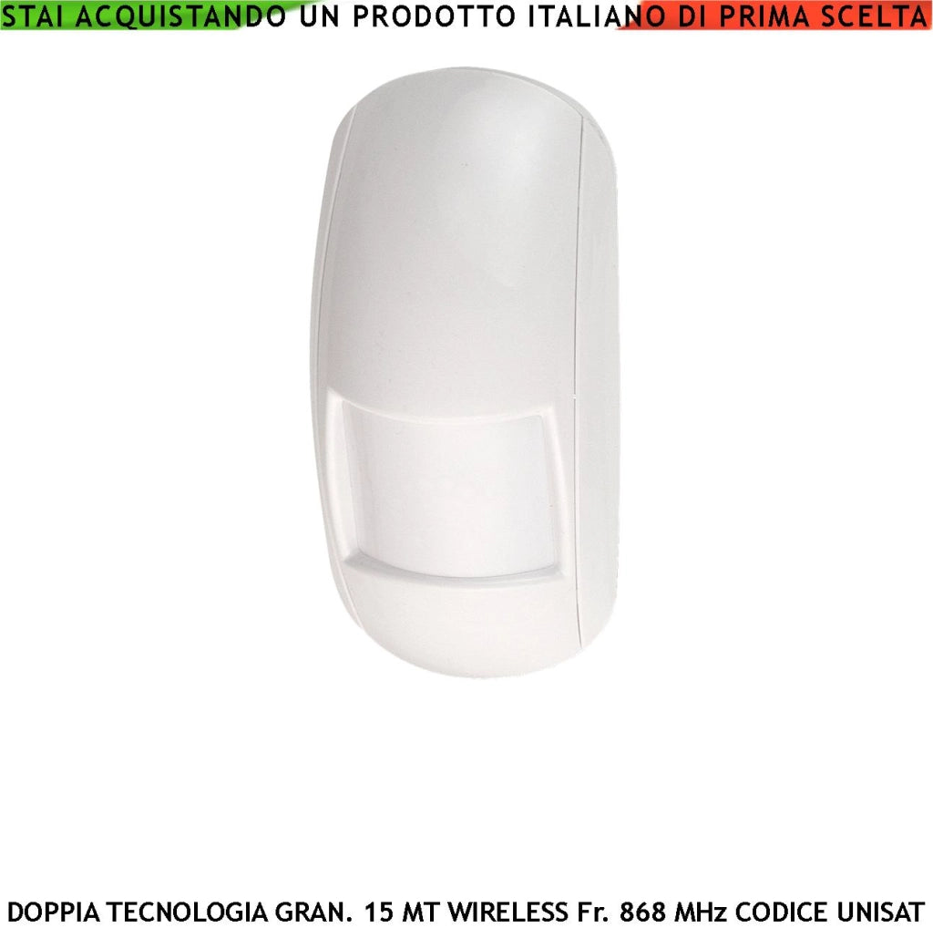 Sensore Movimento Doppia Tecnologia Antifurto Radio Copertura 15 Metri Grandangolo da Interno Frequenza 868 MHz Bidirezionale Codice UNISAT2 Anti Jamming Antimanomissione Rilevatore Intrusi look down