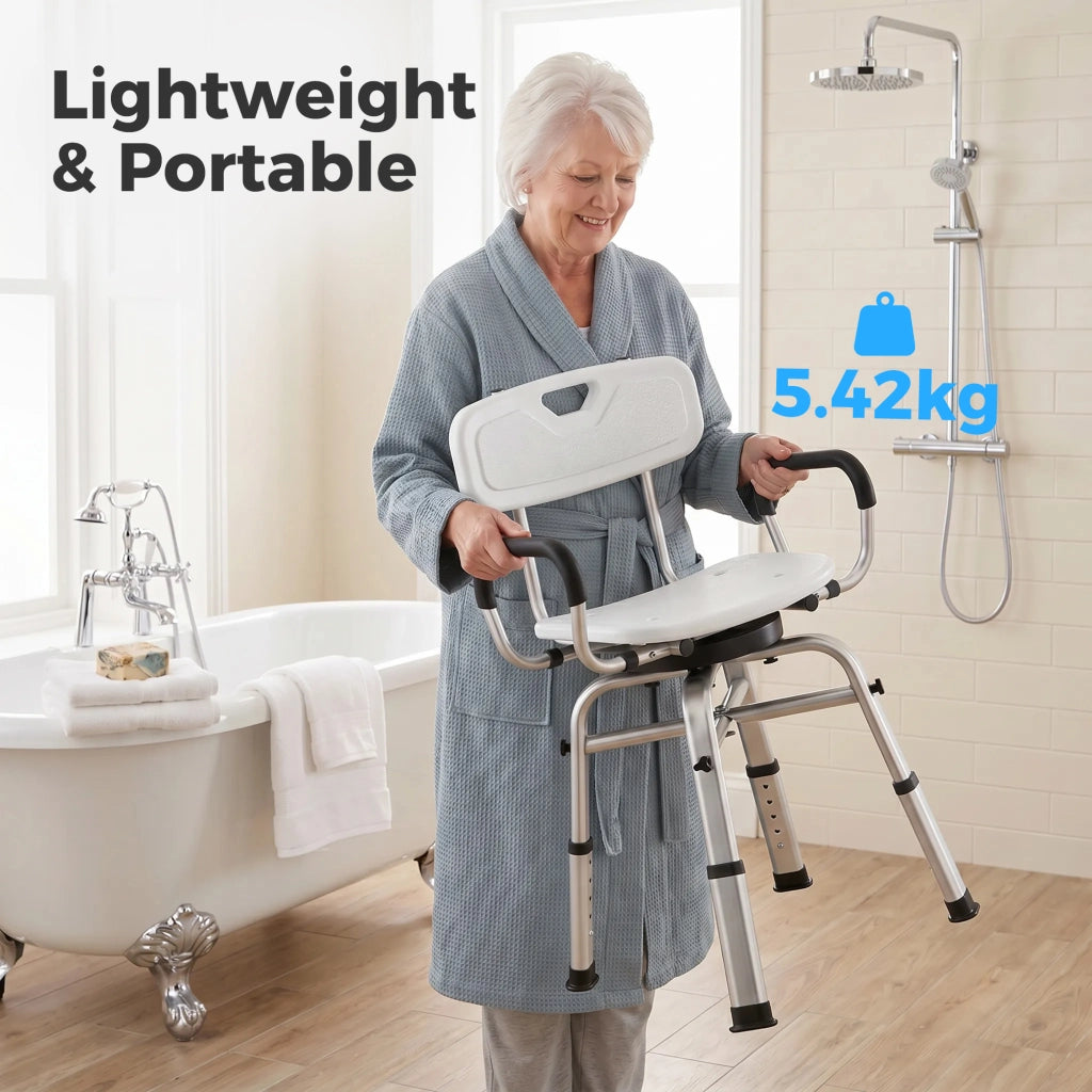Sedia per Doccia Girevole ad Altezza Regolabile con Braccioli. Schienale. Capacit¨¤ 150 kg. Bianco