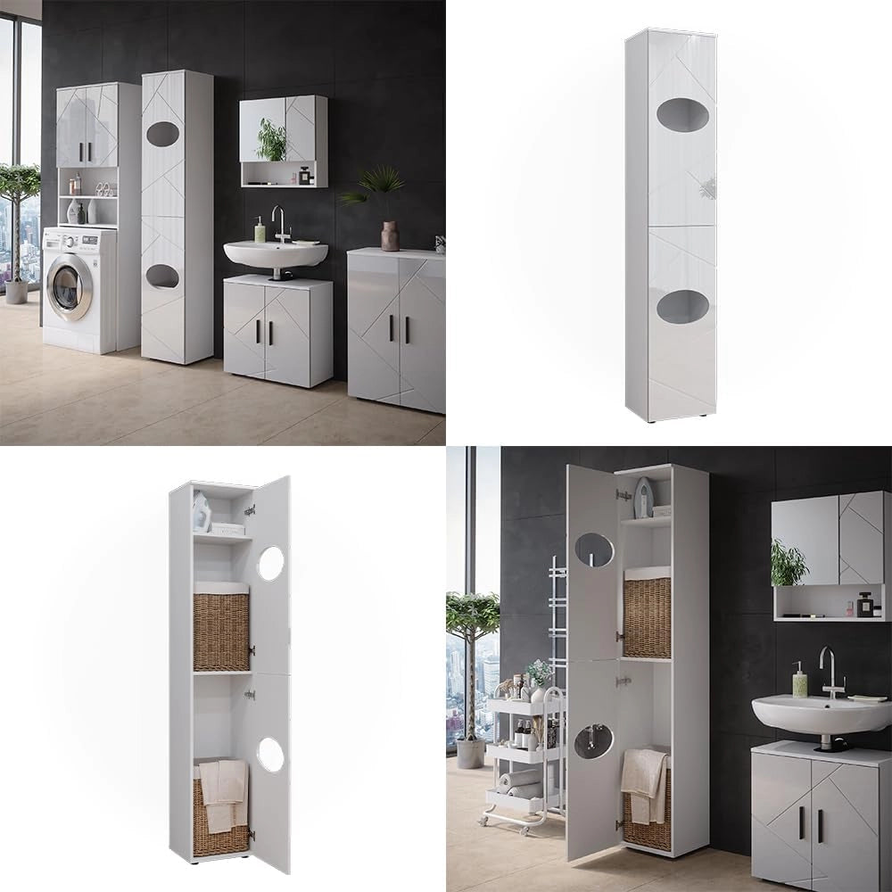 Armadio per la biancheria Irma, Bianco, 37.2 x 192 cm, per la conservazione di articoli da bagno e asciugamani