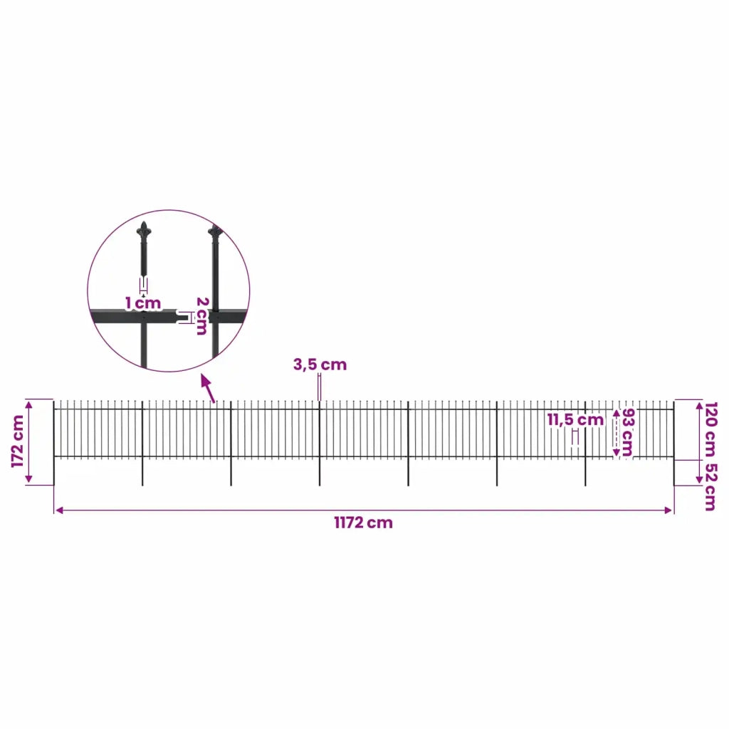 Recinzione da Giardino con Punta a Lancia in Acciaio 1172x120 cm Nero 277626